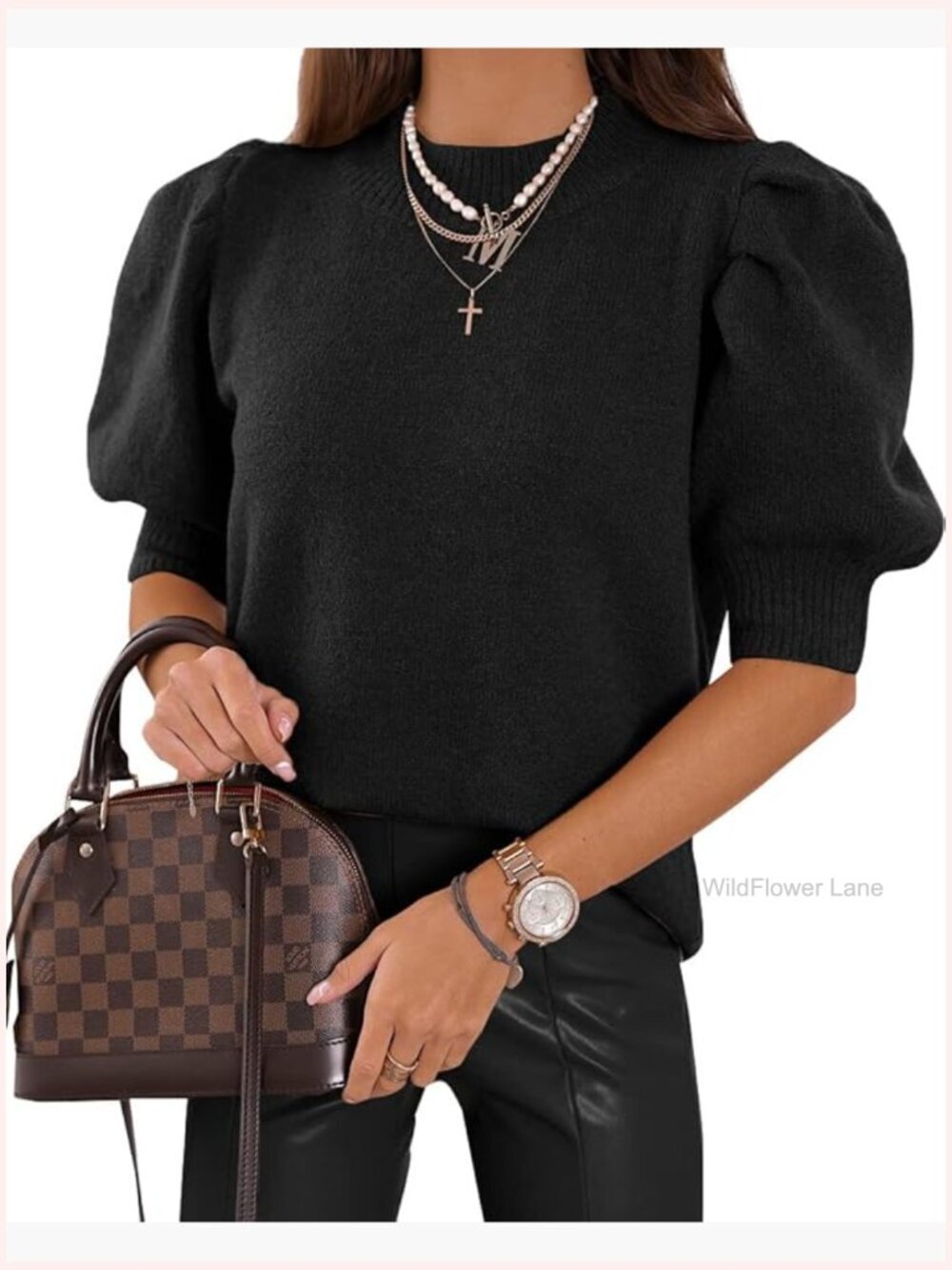 Puff Short Sleeve Knit Sweater Top Crew Neck Casual Pullover Blouse